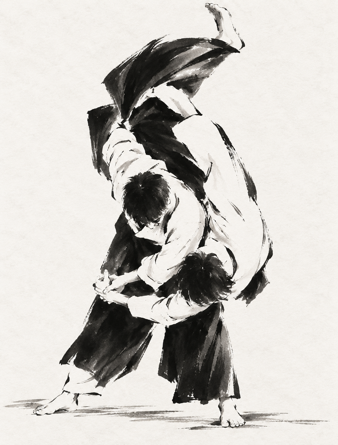 Aikido koshinage hip throw, sumi-e style illustration