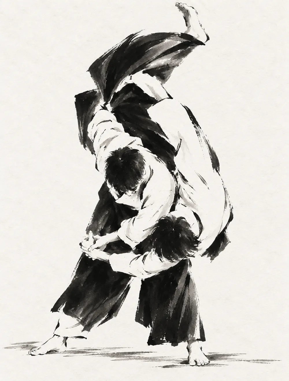 Aikido koshinage hip throw, sumi-e style illustration